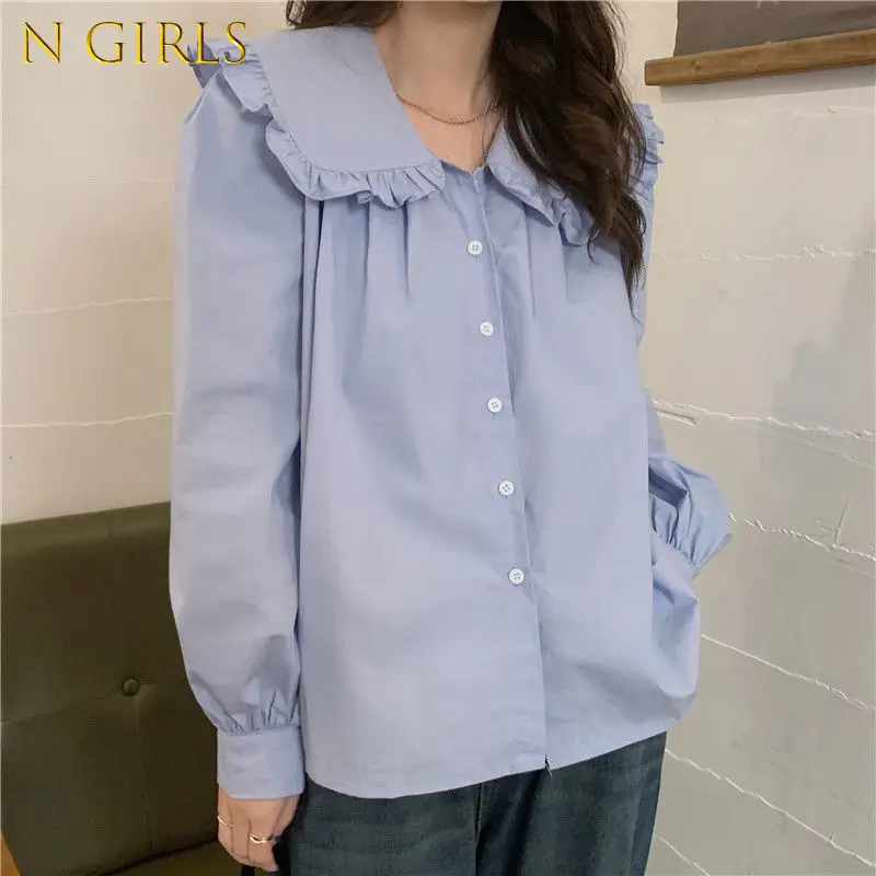 N GIRLS Shirts Women Ruffles Korean Preppy Style Sweet Chic Spring Solid Casual Cozy Simple All-match Mujer Ropa Retro Female