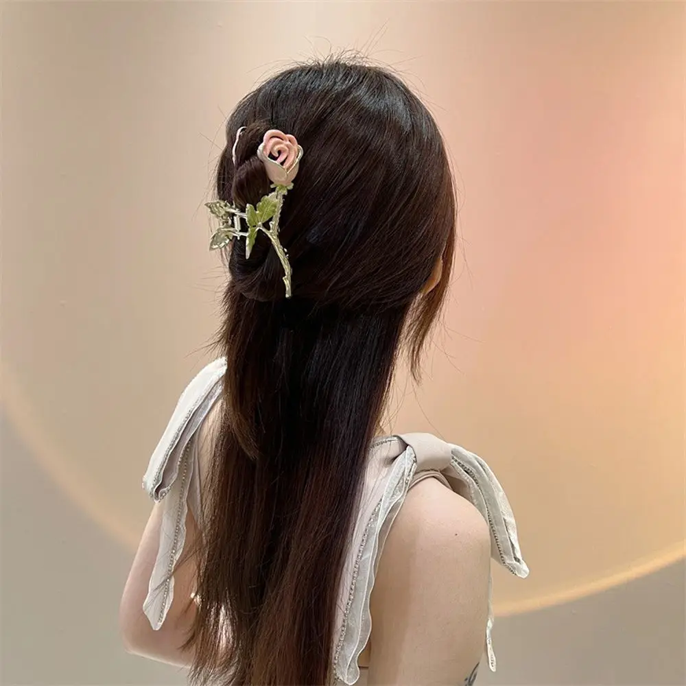 

Summer Retro Shark Clip Fashion Rose Shap Hair Claw Temperament Elegant Metal Leaf Hair Claw For Women