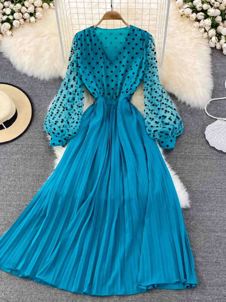 

Fall Women Polka Dot Mesh Pleated Dress Elegant Spring Vintage V-Neck Long Lantern Sleeve Draped Party Vestidos Female Fashion
