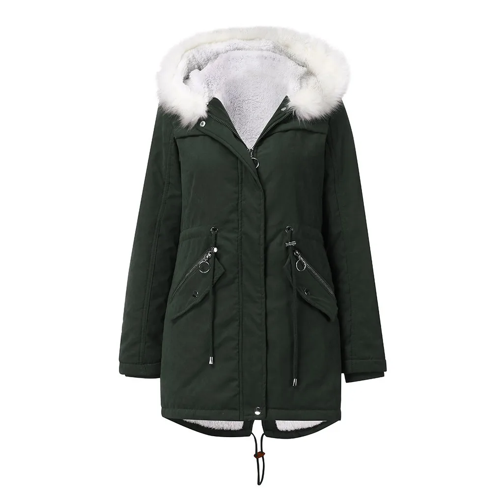 Fashion Casual New Women's White Fur Collar Coat Mid-length Hooded Winter Warm Fleece Coat Women's Cotton Clothing