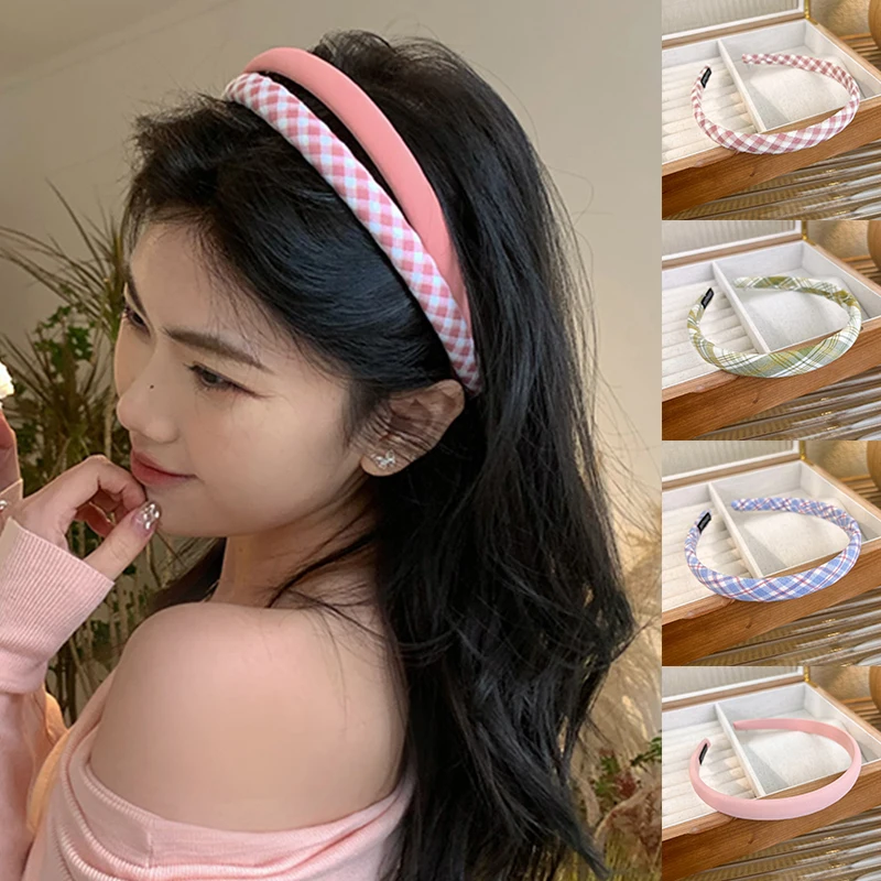 

Women Solid Color Headband Female Check Hair Band Retro Elegant Hair Hoop Headdress Sponge Elastic Hairbands Hair Accessories