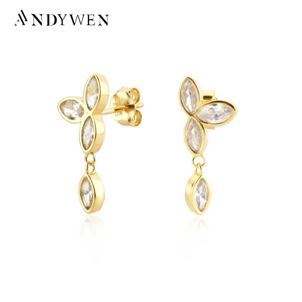 ANDYWEN 925 Sterling Silver Gold Clear Zircon Three Flower Stud Earring Pendientes Clips Piercing Jewelry Gift 2022 Crystal