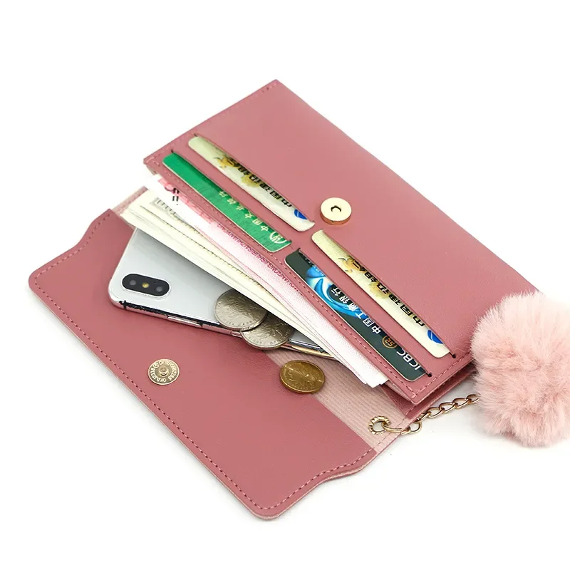 New Women Long Wallets Pure Color Wool Ball Bow Clutch Bag Women's Long Bag Card Bag Coin Purse 2022