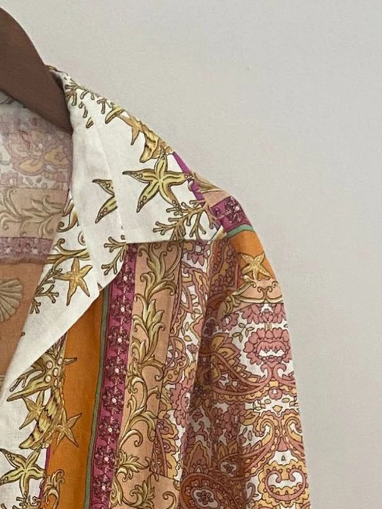 2022 National Style Starfish Printed High-waisted Long-sleeve Dress Women Dress