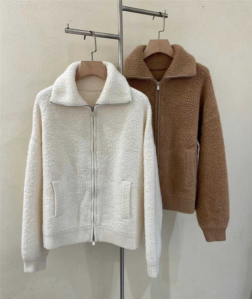 Женский одноцветный кардиган на молнии с длинным рукавом и большими лацканами