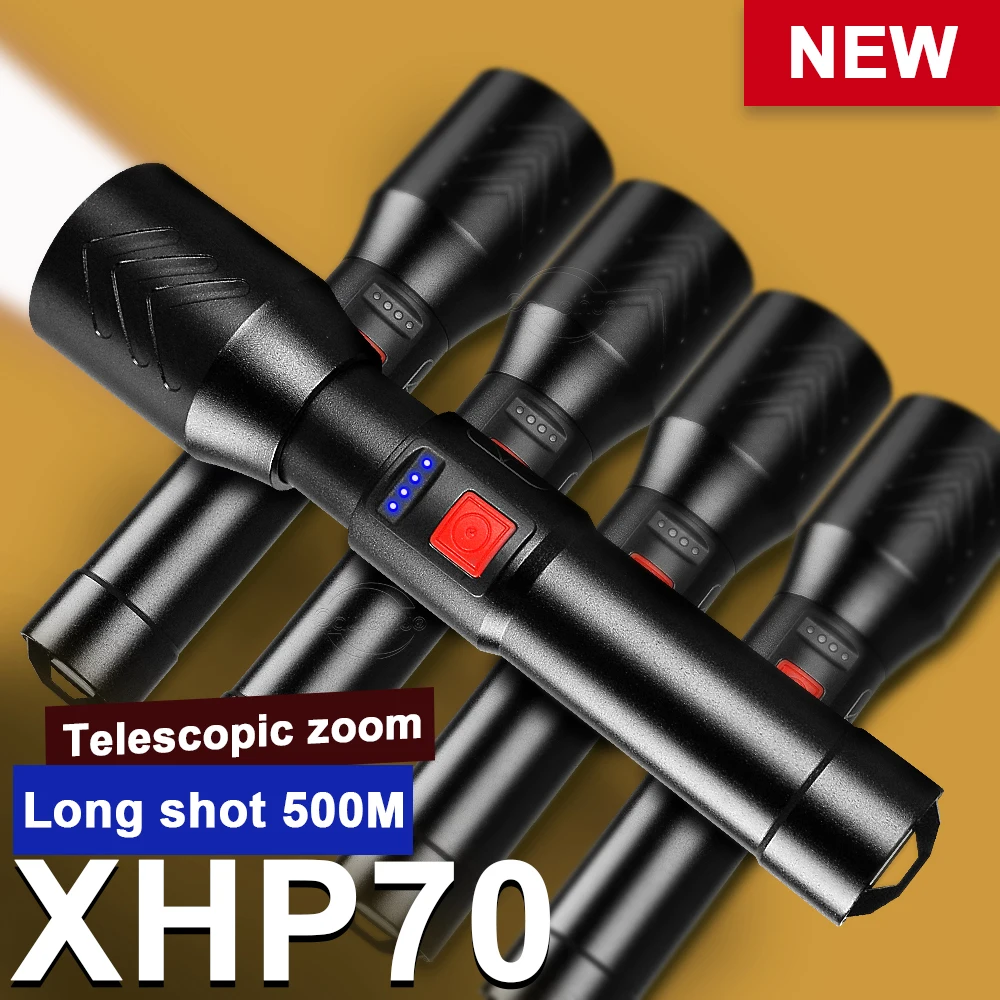 

2022 NEW XHP70 High Power LED Flashlights Rechargeable Camping Torch Powerful Waterproof Outdoor 100000 Lumen Zoom Flashlight