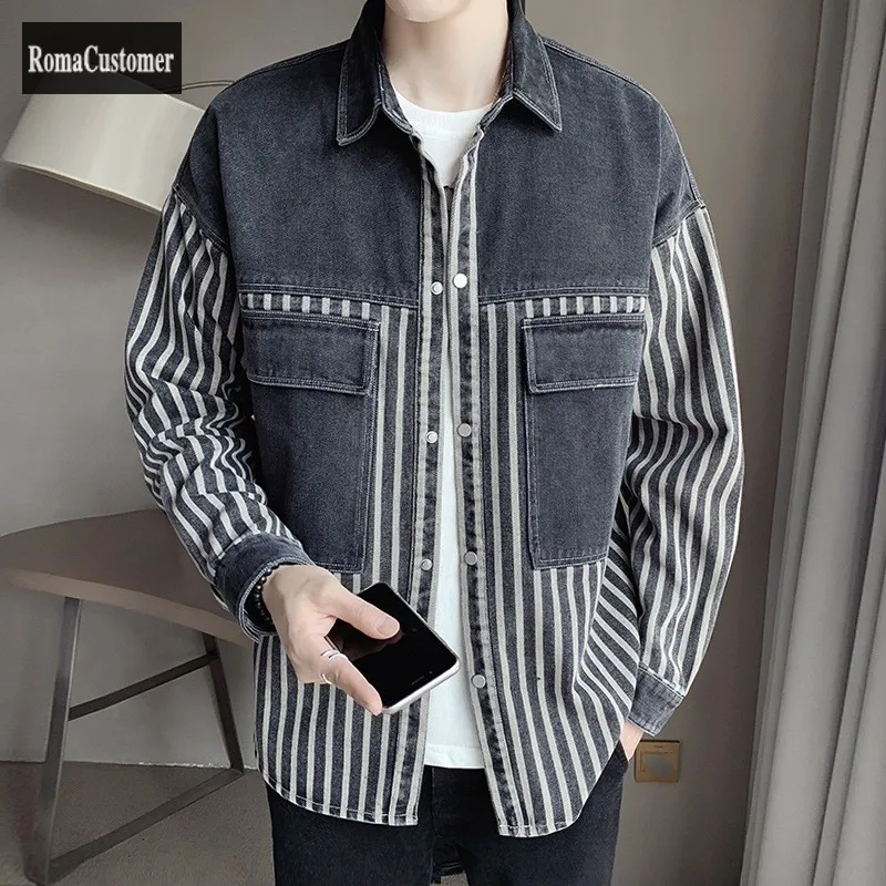 

Spring Autumn New Mens Fashion Pockets Spliced Hit Color Stripe Wild Denim Jackets Single Breasted Outerwear Male Trend Coat