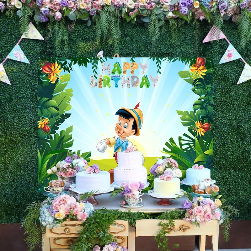 

Disney Cartoon Lovely The Adventures Of Pinocchio Boys Kids Birthday Tropical Jungle Backdrop Party Photo Backgrounds Decoration