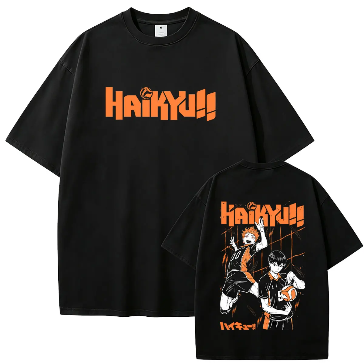 Фото Футболка с графическим принтом аниме Haikyuu Hinata Shoyo и Tobio Kageyama, мужская и женская, оверсайз, в стиле манга, винтажная уличная мода №1