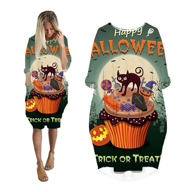 

Платья женские на Хэллоуин с аниме принтом, модная повседневная женская одежда большого размера с длинным рукавом, уличная одежда, женская ...