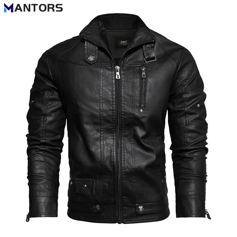 

MANTORS Fashion Winter Leather Jacket Men Stand Collar Motorcycle Retro Fleece Leather Jacket Mens Streetwear Biker PU Coats
