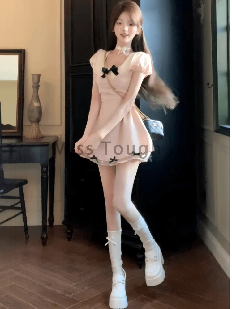 2024 летнее милое кружевное платье с бантом женское уличное коротким рукавом Y2k