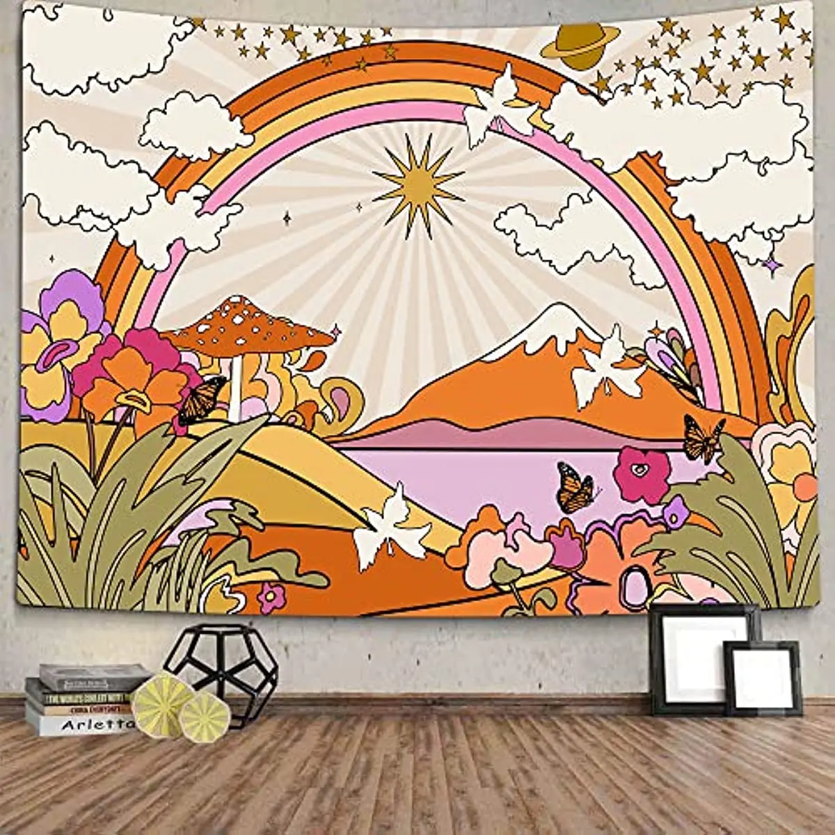 

Настенный гобелен в стиле ретро с цветами, облаками, солнцем и радугой, оранжевый гобелен в стиле бохо, хиппи, психоделический гобелен для декора гостиной комнаты
