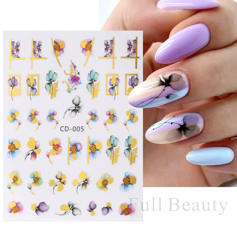 

Чернила цветущие цветы 3D наклейки для ногтей наклейки бронзовые слайдеры тату акварельные цветочные листья украшение для ногтей маникюр ...