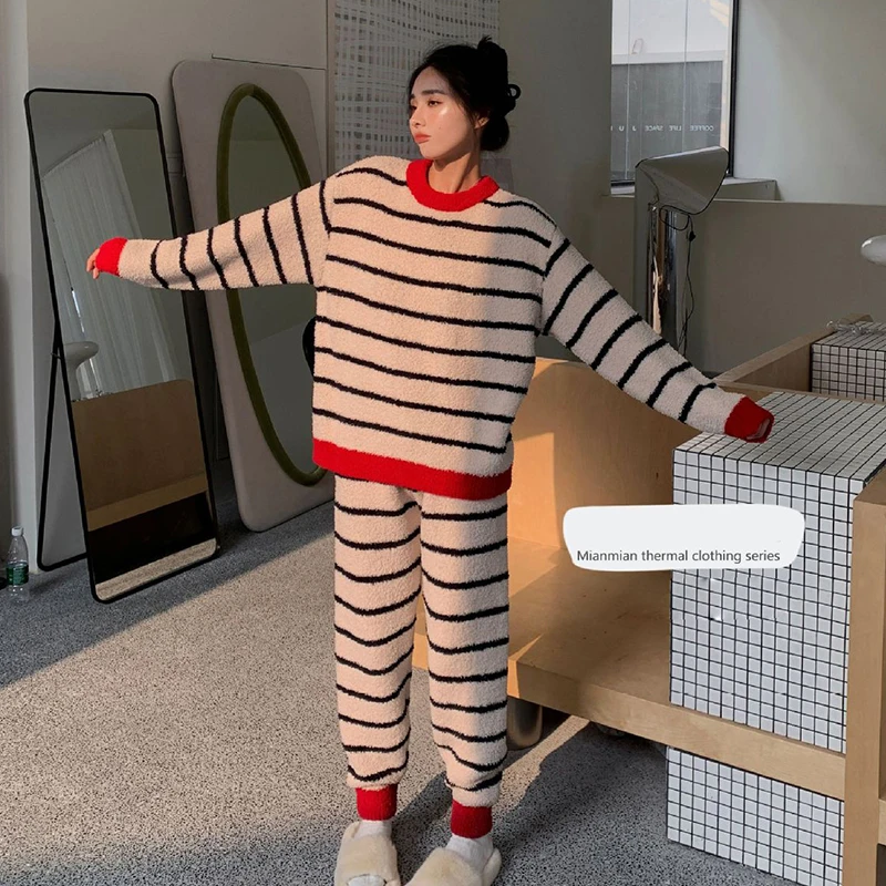 Autumn Winter New Warm coral fleece Women Pajamas Set Long-sleeved Trousers Two-piece Set Cute Soft Home Wear Clothes for Women