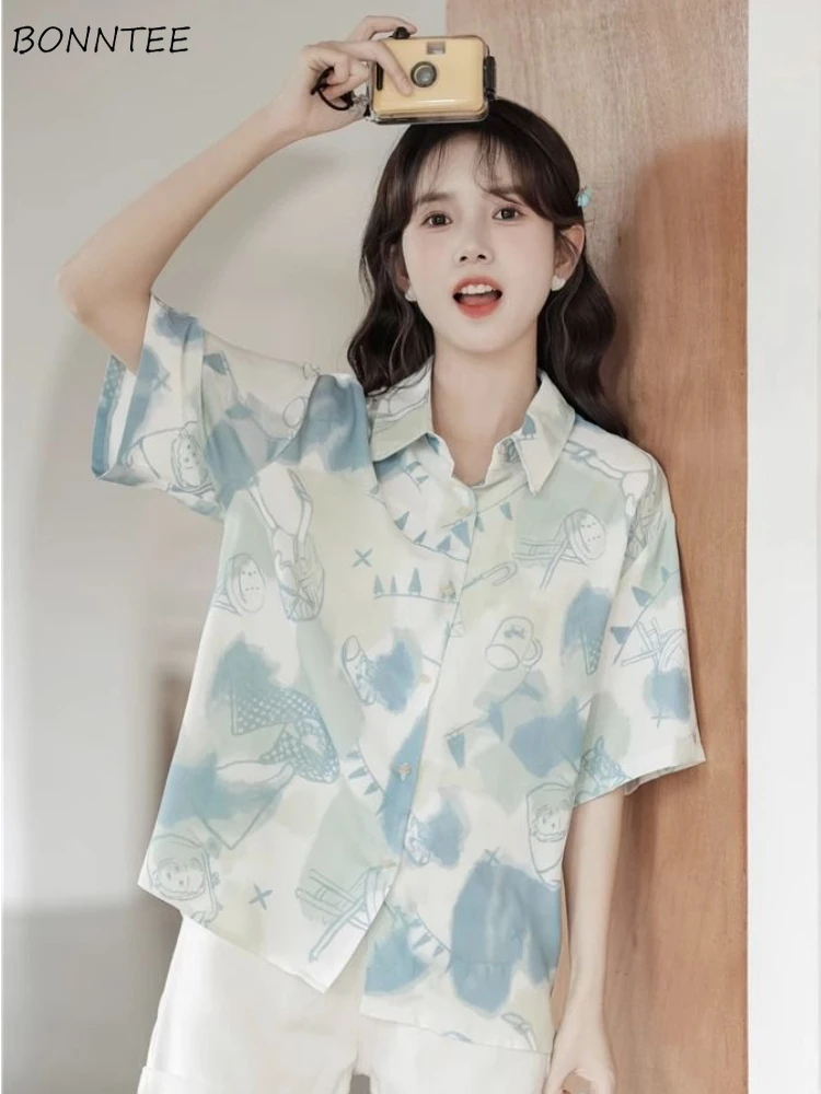 

Short-sleeve Shirts Women Print Vintage Loose Casual All-match Summer New Simple Fashion Students Korean Style Literary Elegant
