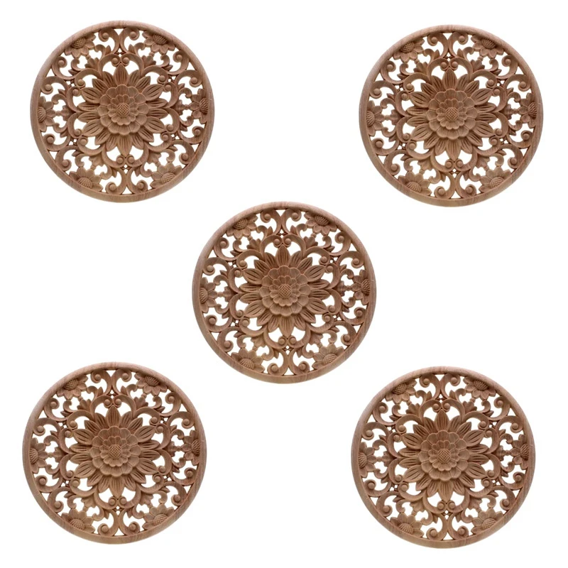 

5X Carved Flower Carving Round Wood Appliques For Furniture Cabinet Unpainted Wooden Mouldings Decal Decorative Figurine