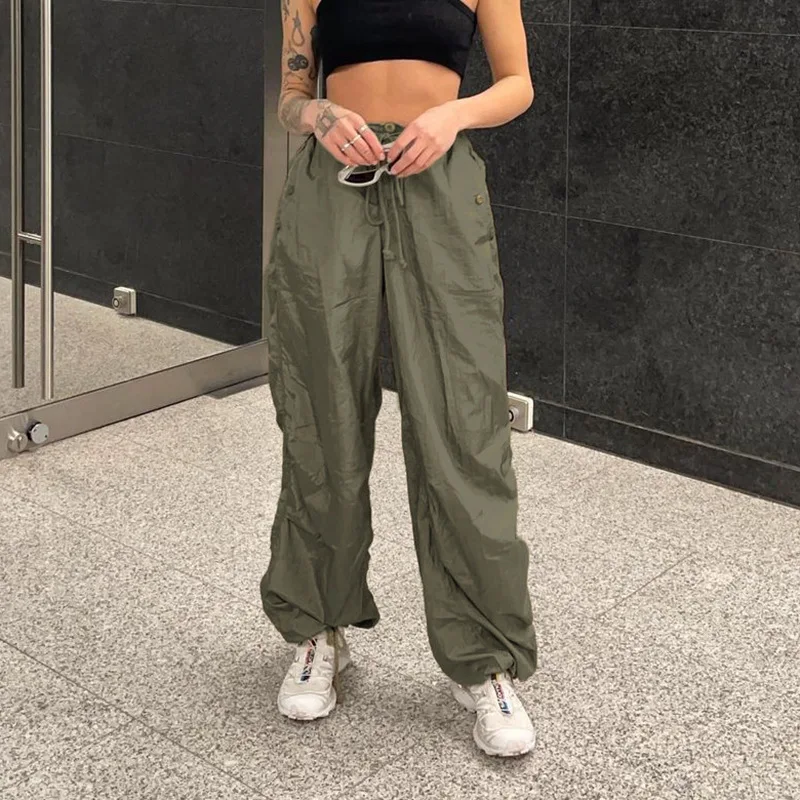 

Summer Women's Long Pants Solid Color Elastic Waist Tie-Up Side Pockets Loose Fit Pants Casual Simple Trousers Streetwear Y2k