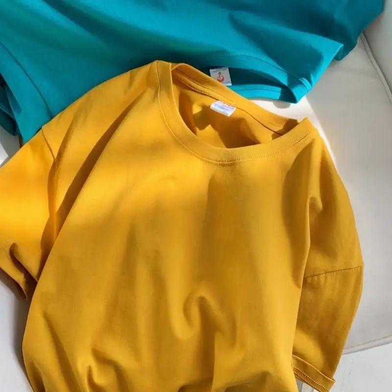 

Yellow Summer Solid Color O-Neck Oversized T Shirt Tops Short-sleeved Men's Tide Brand Loose Couple Trend Half-sleeve T-shirt
