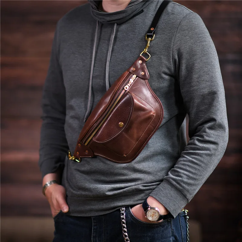 Retro fashion high quality natural genuine leather men's chest bag casual designer youth summer sports lightweight diagonal bag