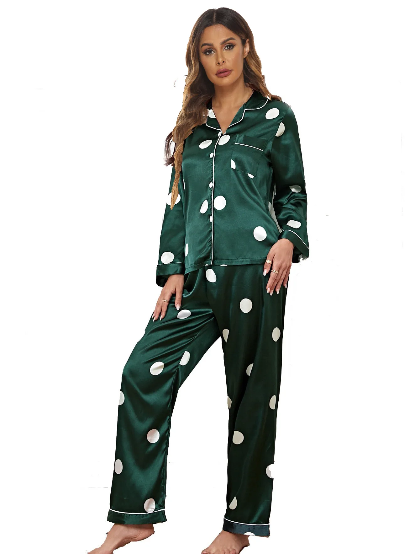 Pajamas Print Long Sleeves Shirt Pant Sleep Suit Lapel Home Clothing Women Sleepwear Ice Silk Homewear Cardigan 2pcs