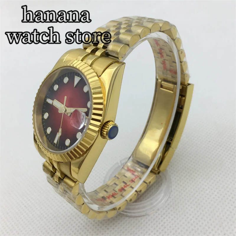 Роскошные автоматические золотые мужские часы BLIGER 36 мм 39 полированная Золотая