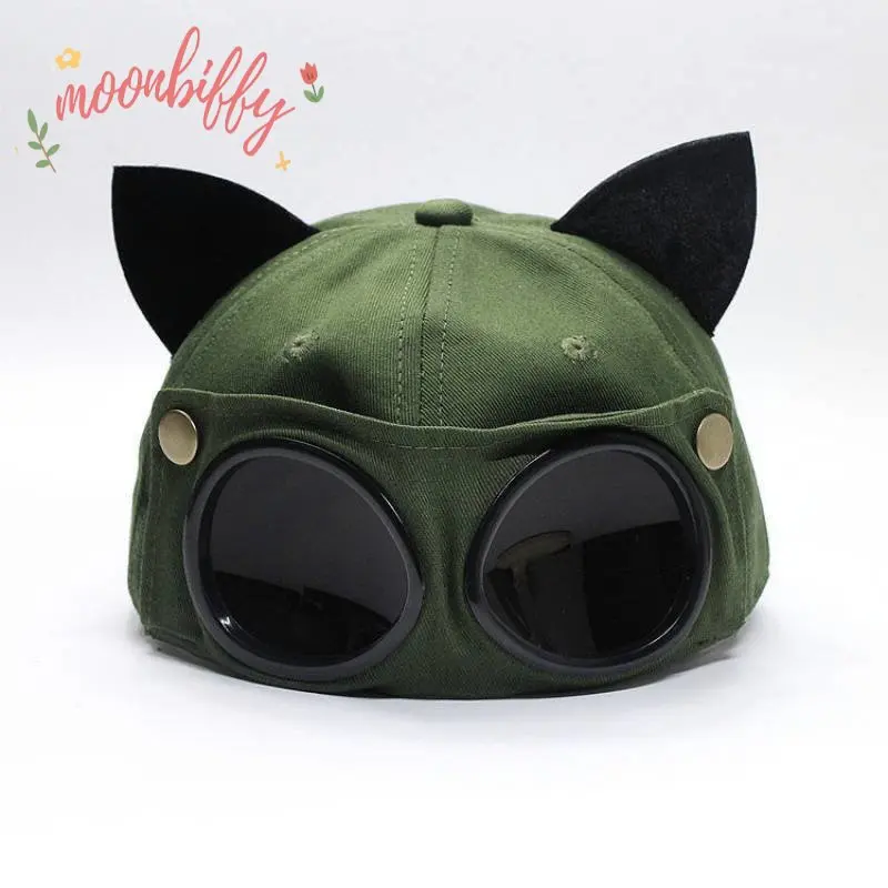 

Outdoor New Pilot Glasses Baseball Hat Women Men Cat Ears Sun Visor Cap Spring andAutumn Reverse Wear Snapback Cap