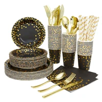 150pcs black bronzin dot tableware set paper cup paper tray golden fork spoon decorative supply wedding birthday tableware set