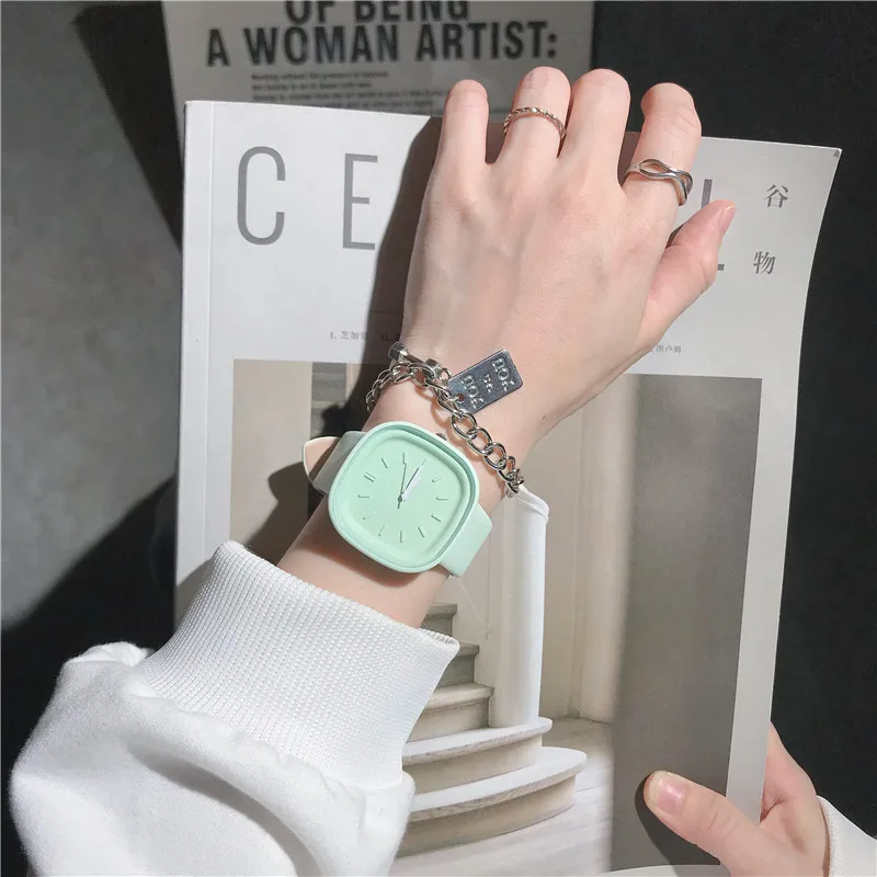Minimalist Square Big Dial Women Watches Simple Macaron Colors Quartz Wristwatches For Girls Qualities Leather Clock W9951 enlarge