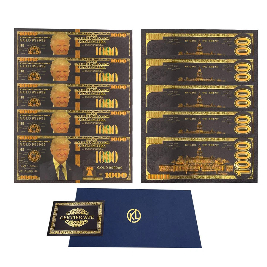 

10Pcs Black Gold Foil Banknotes Trump 1000 Dollar Commemorative Bills President Banknote Business Gifts Dorpshipping