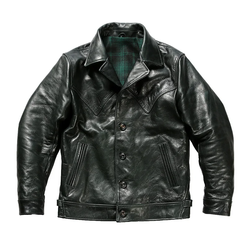 

Genuine Leather Jacket Lapel Moto & Biker Black Men's Waxed Calfskin Vintage Casual 1.2mm Thick Cowhide Coat