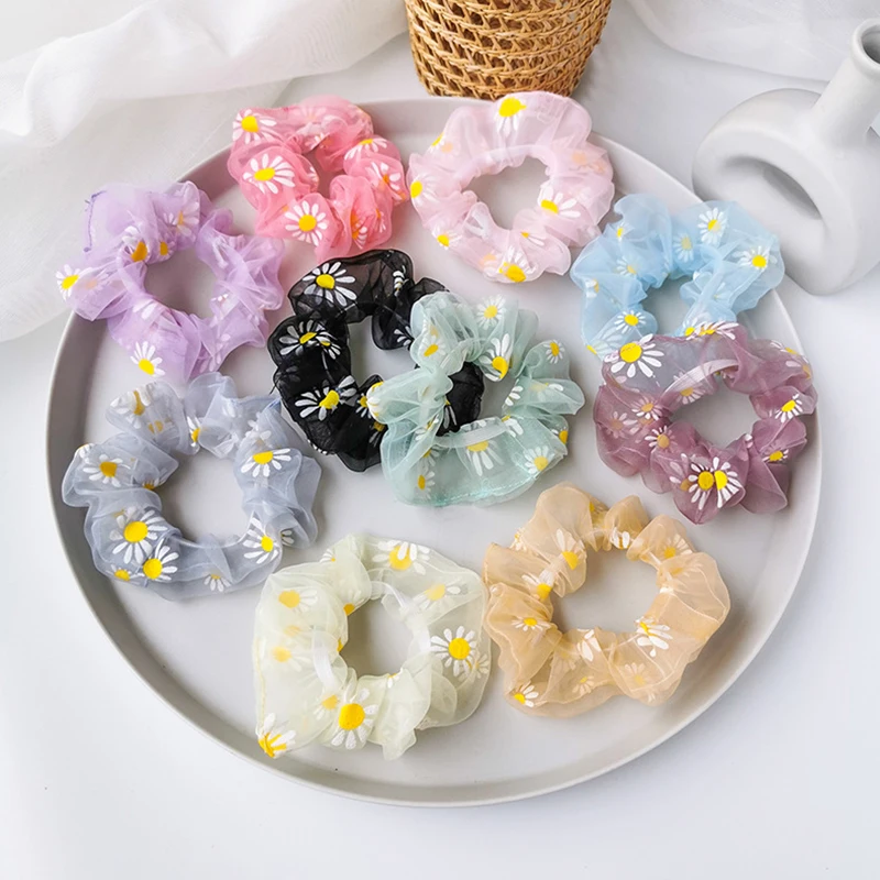 

Women Transparent Mesh Print Flower Scrunchies Small Daisies Sweet Hair Ring Girls Elastic Ponytail Scrunchies Hair Accessories