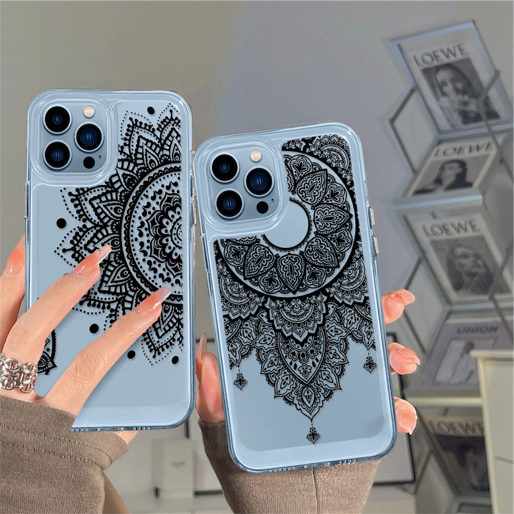 

Phone Case for iPhone 14 13 12 11 Pro Max Mini XS XR X Transparent Shell Back Cover for iPhone14promax Capa Black Mandala Fundas