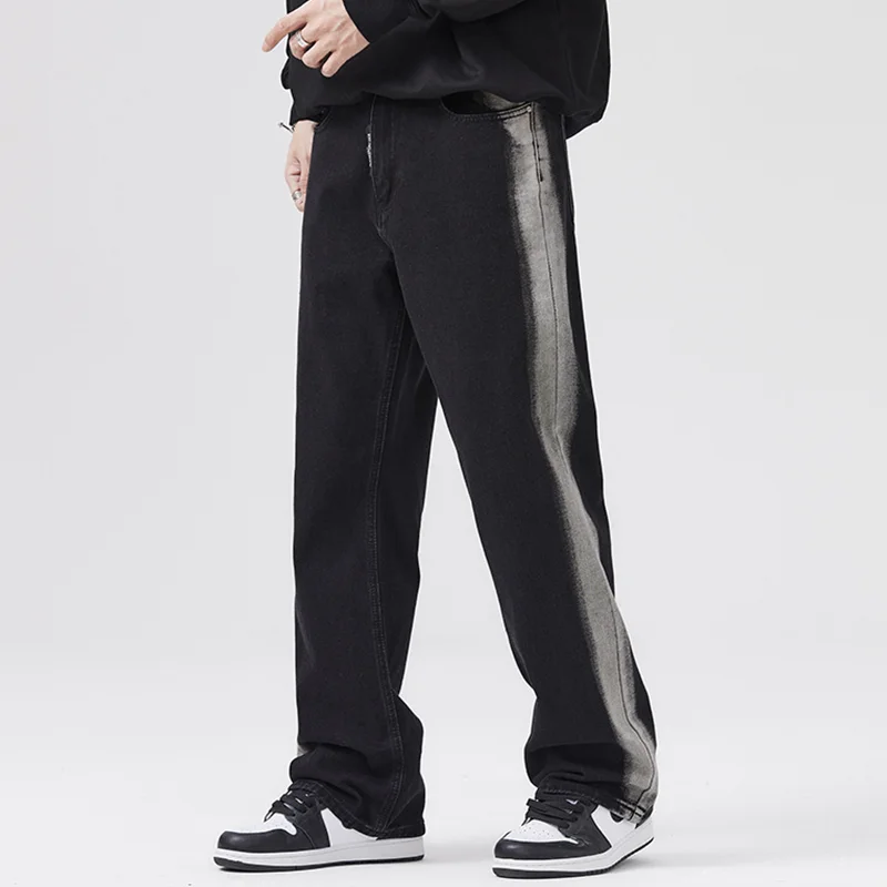 Men Clothing New Pattern Recreational Vintage Side Stripe Black Jeans Straight Cylinder Loose Wide Leg Trousers Autumn Female