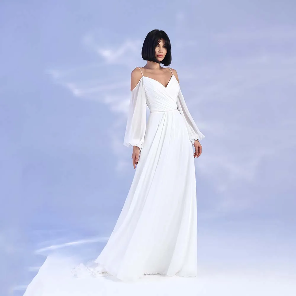 

Simple Wedding Gowns V-Neck Spaghetti Straps Pleated Bridal Gown 2022 Off Shoulder Chiffon Zipper Bride Dress For Women Custom
