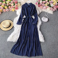 2021 women vintage stripe polka dot long dresses shirt long sleeve single breasted lace up office lady ol belt split sexy dress