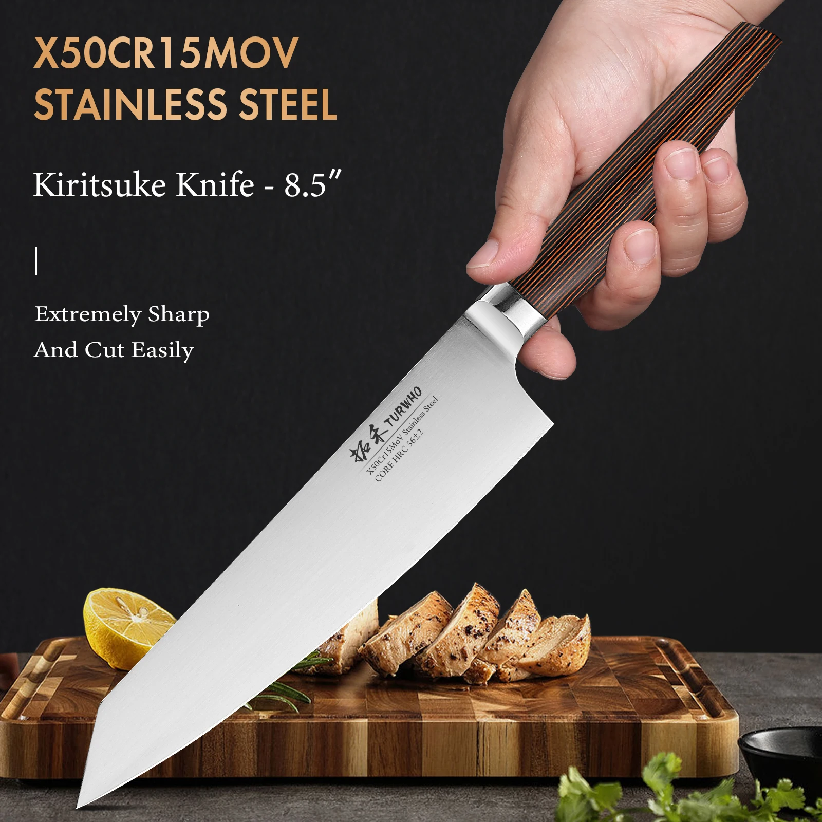 

Японский нож Kiritsuke TURWHO, кухонные инструменты из высокоуглеродистой нержавеющей стали, 8,5 дюйма, X50Cr15MoV, для резки рыбы, мяса