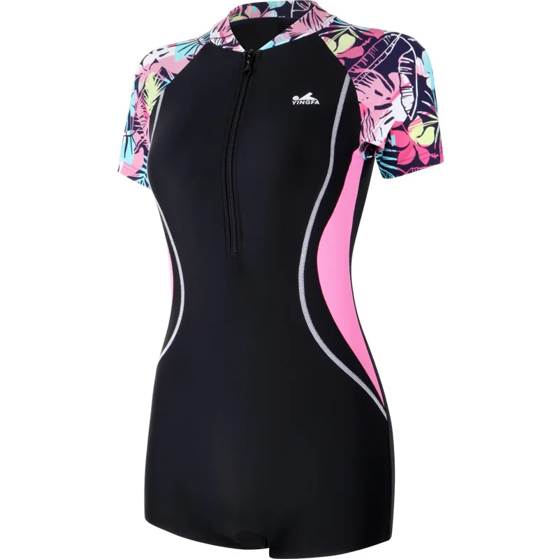 Women One Piece Professional Monokini Swimsuit Quick dry Front Zipper Short Sleeve Triathlon Rash Guards Surf Bathing Beach Wear