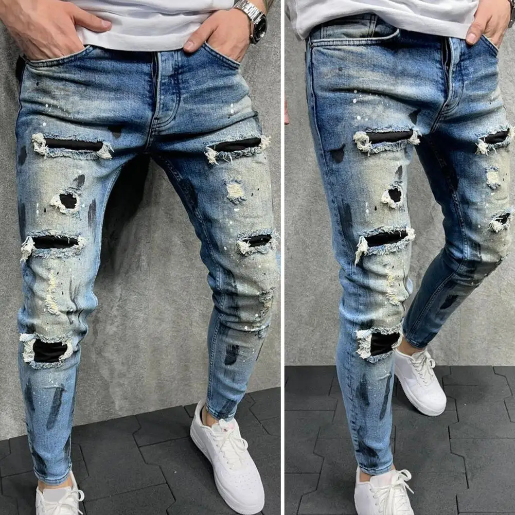 

Men Denim Pants Popular Wear Resistant Mid-rise Slim-fitting Broken Holes Denim Pants for Party Denim Pants Men Jeans