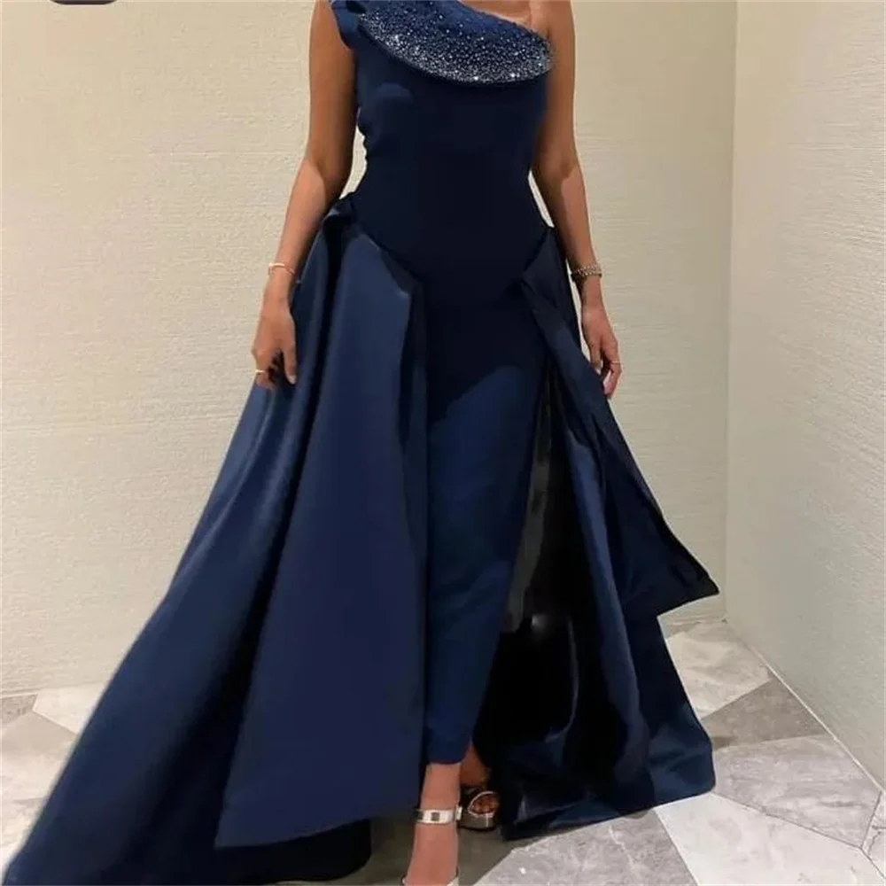 

MINGLAN Luxury Elegant One Shoulder Sleeveless Sequined Crystal A Line Evening Dress Ankle Length Sweep Train Prom Gown New