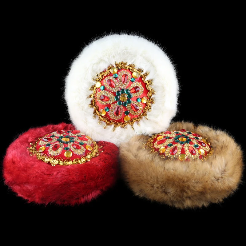 Winter Chinese Xinjiang Uighur Dance Hat for Women Adult Top Folk Style Dance Cap Stage Performance Rhinestone Fur Hats Ladies