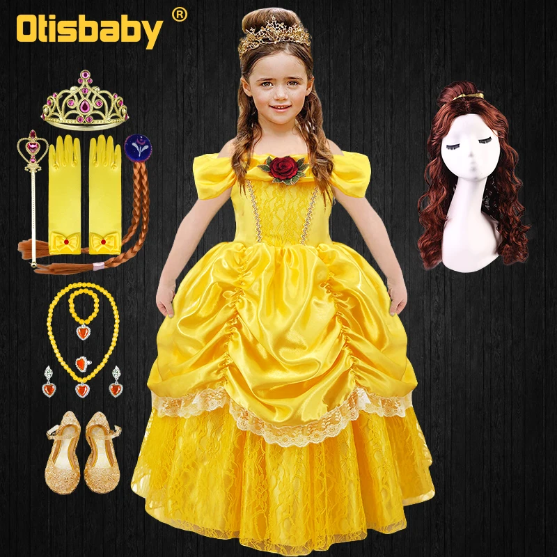 2022 New Beauty Girls Pleated Belle Princess Dress Halloween Children Rose Lace Flower Birthday Party Cosplay Carnival Costume