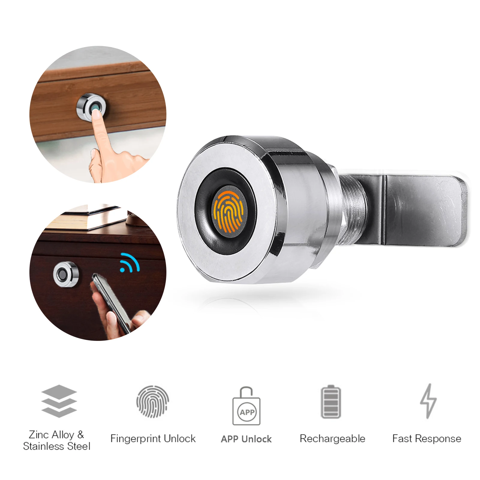 

Cabinet Lock Digital Fingerprint Lock Drawer Lock 20 Fingerprints Rechargeable Keyless Built-in Zinc Alloy Smart Cabinet Lock
