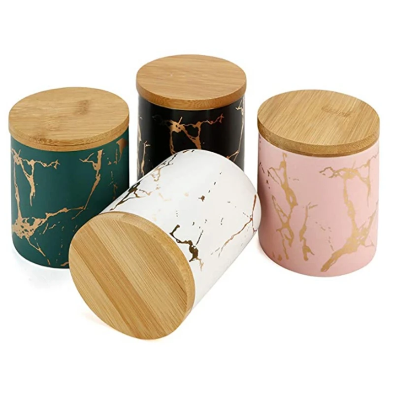 

Tea Tins Storage Can Set Containers With Wood Lid Marble Pattern Ceramic Portable Sealing Tank For Tea Honey Coffee