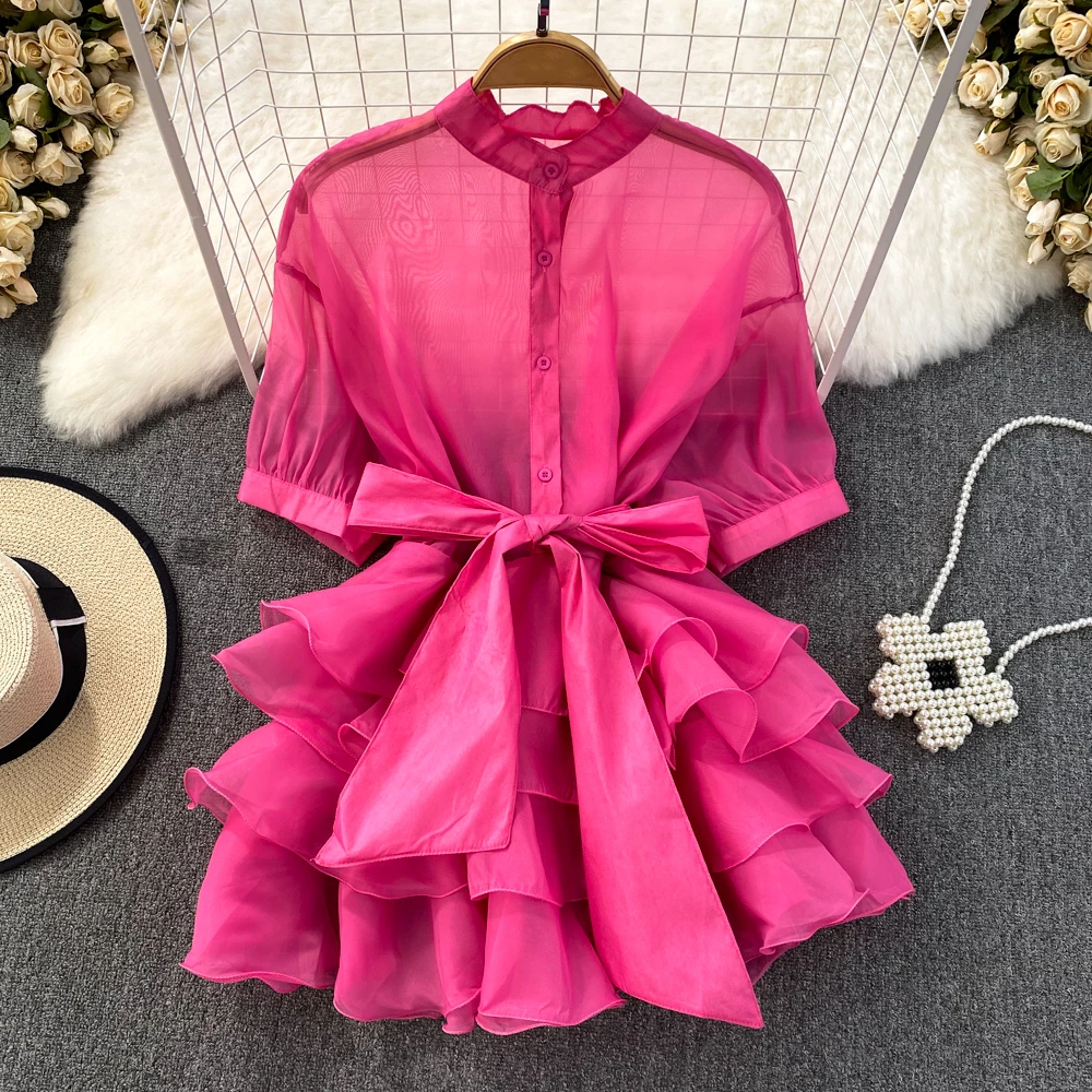 

Clothland Women Fashion Ruffled Blouse Bow Tie Sashes Short Sleeve Transparent Shirt Sexy Tops Blusa Mujer DA423