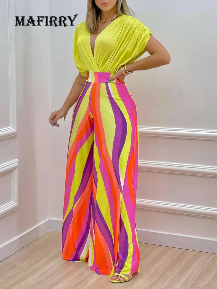 Printing Casual Sweet Summer Women Outfit Deep V-Neck Top Wide Leg Pants Loungewear Ladies Matching Set Streetwear Dropshipping