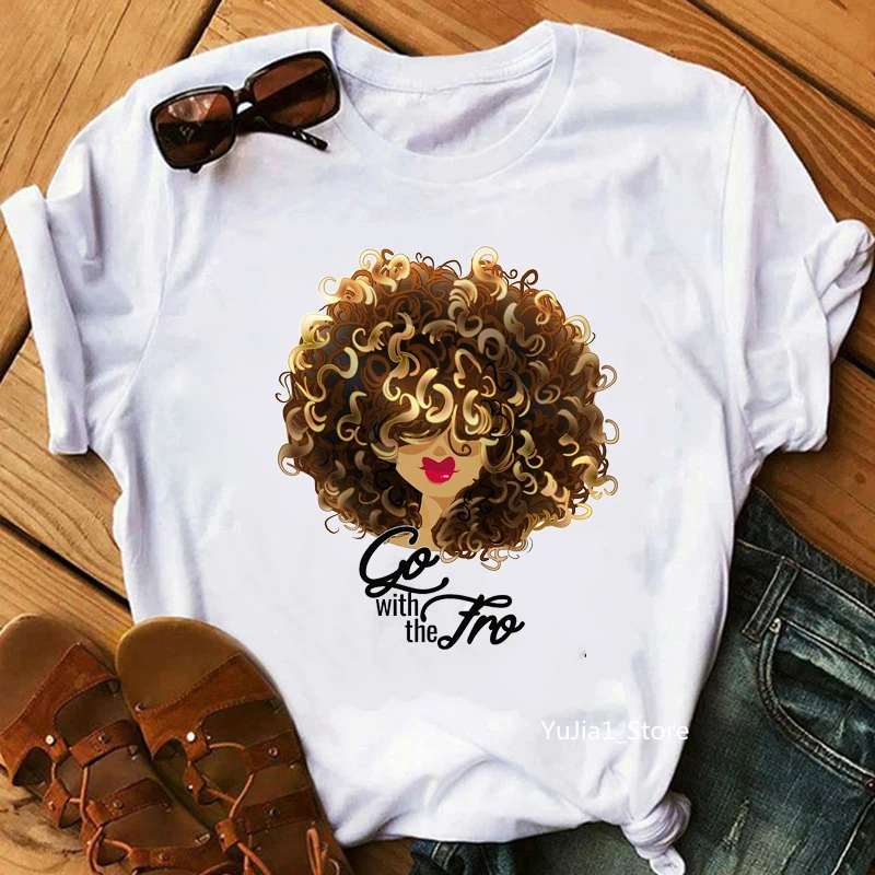 

Women T shirt Flower curly puff hair african black girl print tee shirt femme magic melanin poppin shirt black live matter tops