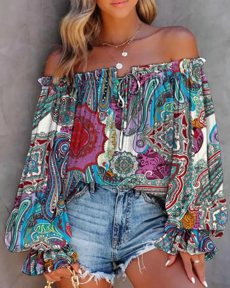 

Women's Blouse Boho Vintage Tribal Print Off Shoulder Lantern Sleeve Tied Detail Long Sleeve Daily Vacation Top 2022 Summer