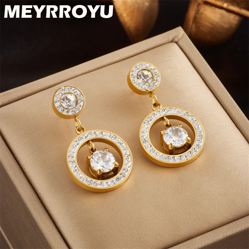 

MEYRROYU 316L Stainless Steel New Round Geometry Cubic Zirconia Statement Earrings For Women Female Party Gift Brincos 2022