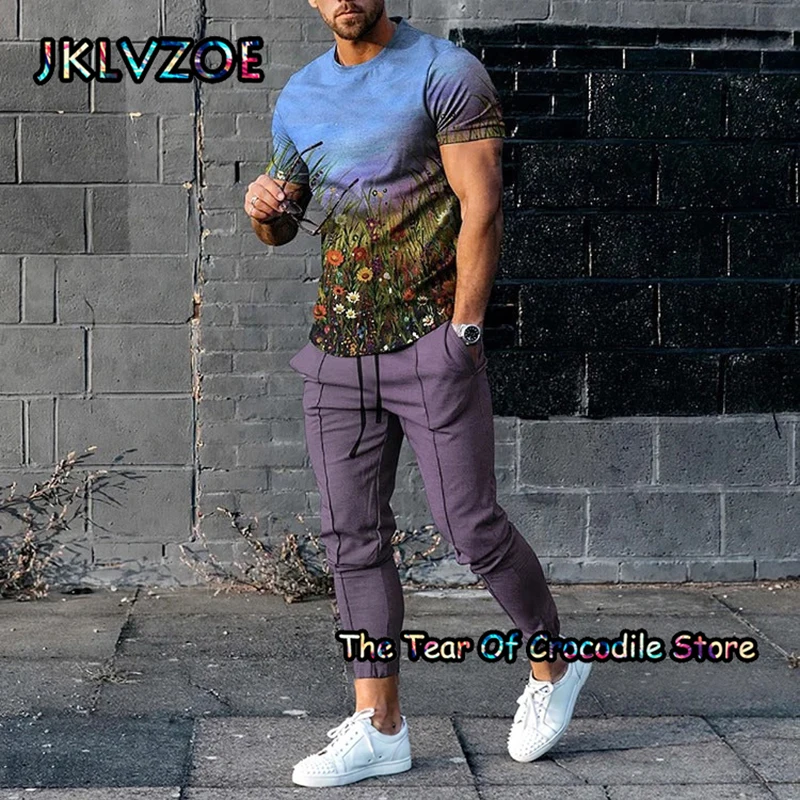 Newest Stitching Patter Men's Trousers 2 Piece Sets Print Summer Plaid t Shirt Short Sleeve+Long Pants Street Tracksuit Clothing